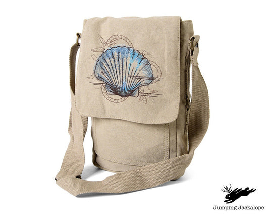 Nauticus - Seashell, Seashell Bag, Seashell Embroidered Canvas Tech, Tablet, iPad, Kindle, Fire, Camera Bag