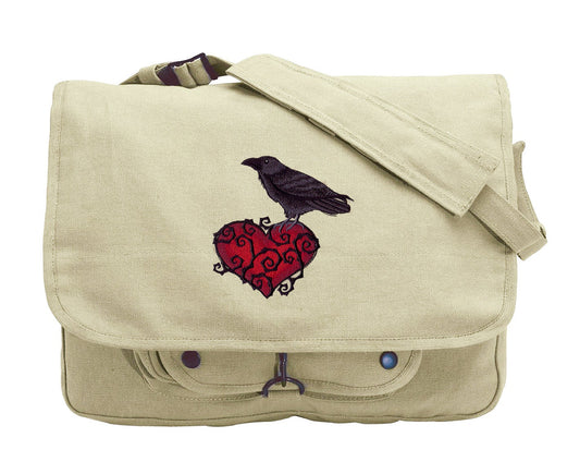 Black bird bag, Heart Bag, Crow Bag, Ravenheart Embroidered Canvas Messenger Bag
