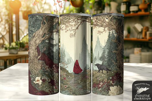 Dark Enchanted Forest Red Riding Hood and The Big Bad Wolf Tumbler – 20oz Gothic Tale Drinkware | Mystical Vintage Scene