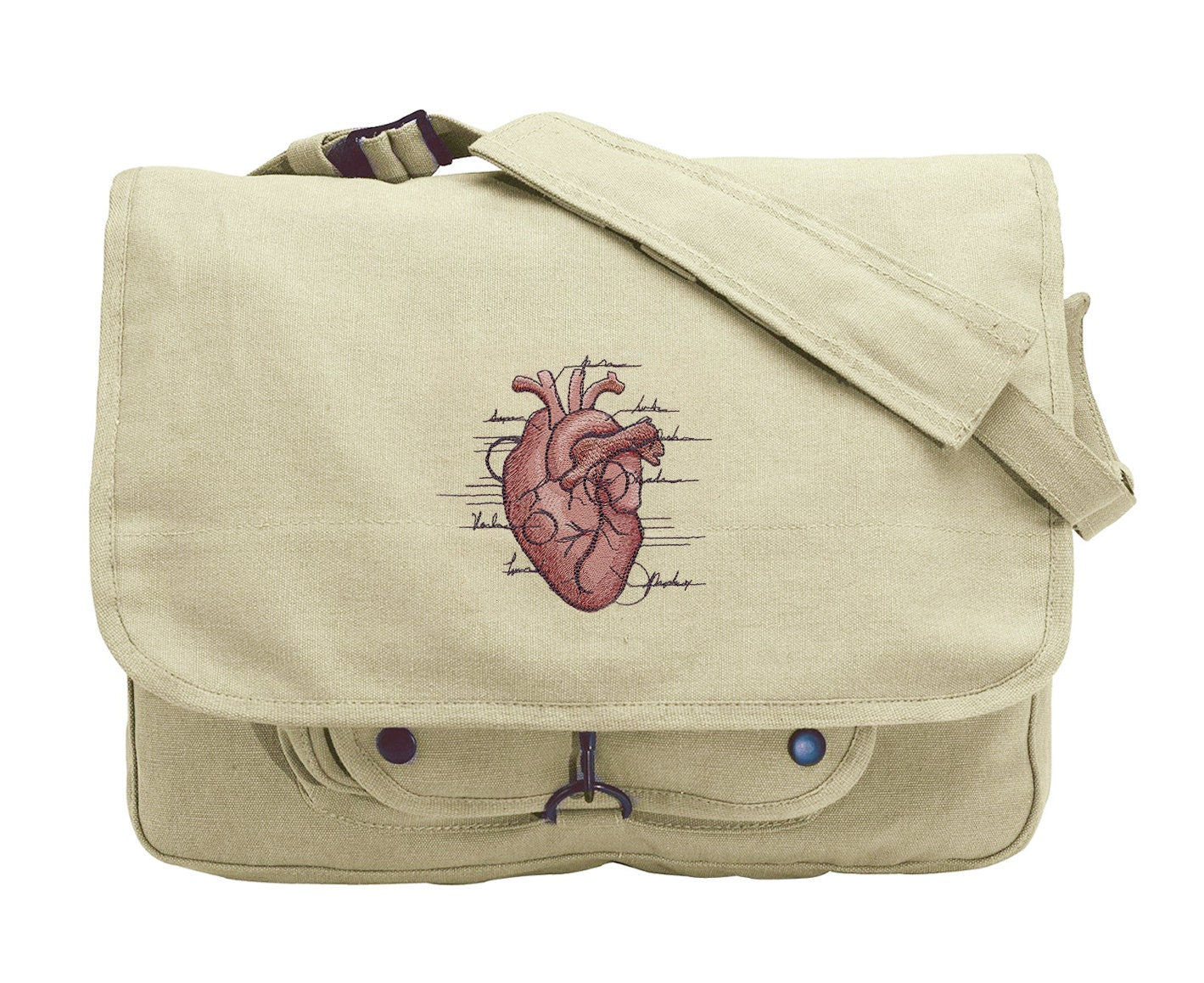 Anatomical Heart Embroidered Canvas Messenger Bag