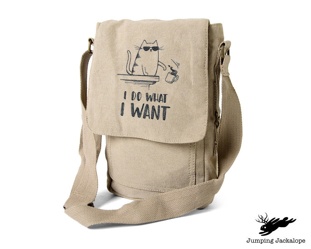 I Do What I Want, Cat Bag, Cat Embroidered Canvas Tech, Tablet, iPad, Kindle, Fire, Camera Bag
