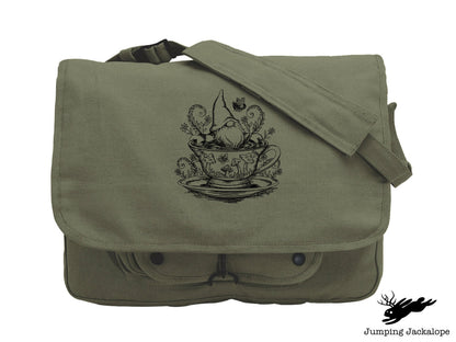 A Day at the Spa Teacup Gnome, Gnome Embroidered Canvas Messenger Bag, Gnome Bag