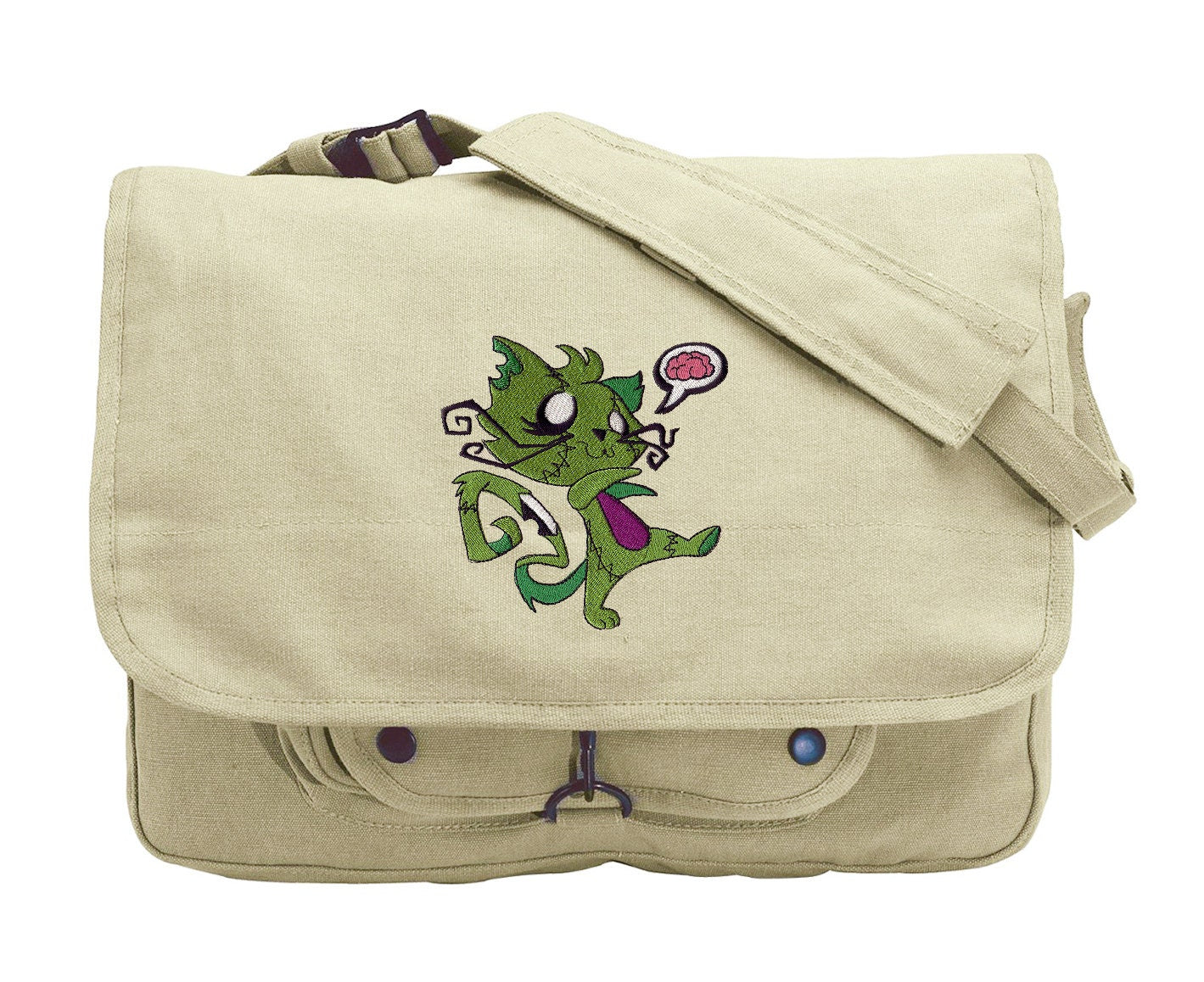 Zombie Kitty Embroidered Canvas Messenger Bag