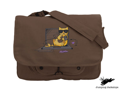 Purr-fectly Cool Co-worker Kitty Embroidered Canvas Messenger Bag,  Cat Bag, Work Cat Bag