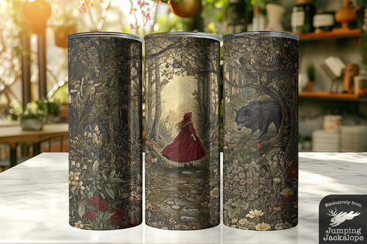 Whimsical Red Riding Hood Tumbler – 20oz Enchanted Forest Scene with Lurking Wolf