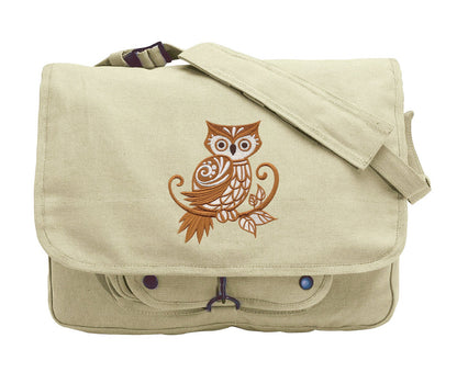 Owl with Flourish Embroidered Canvas Messenger Bag