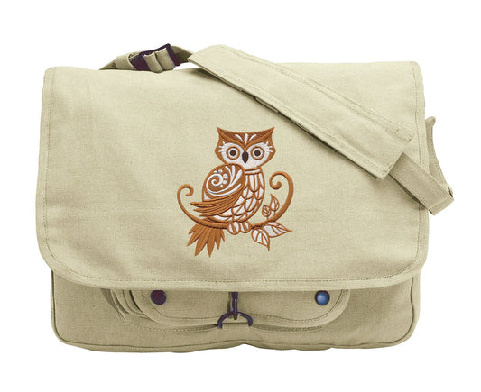 Owl with Flourish Embroidered Canvas Messenger Bag