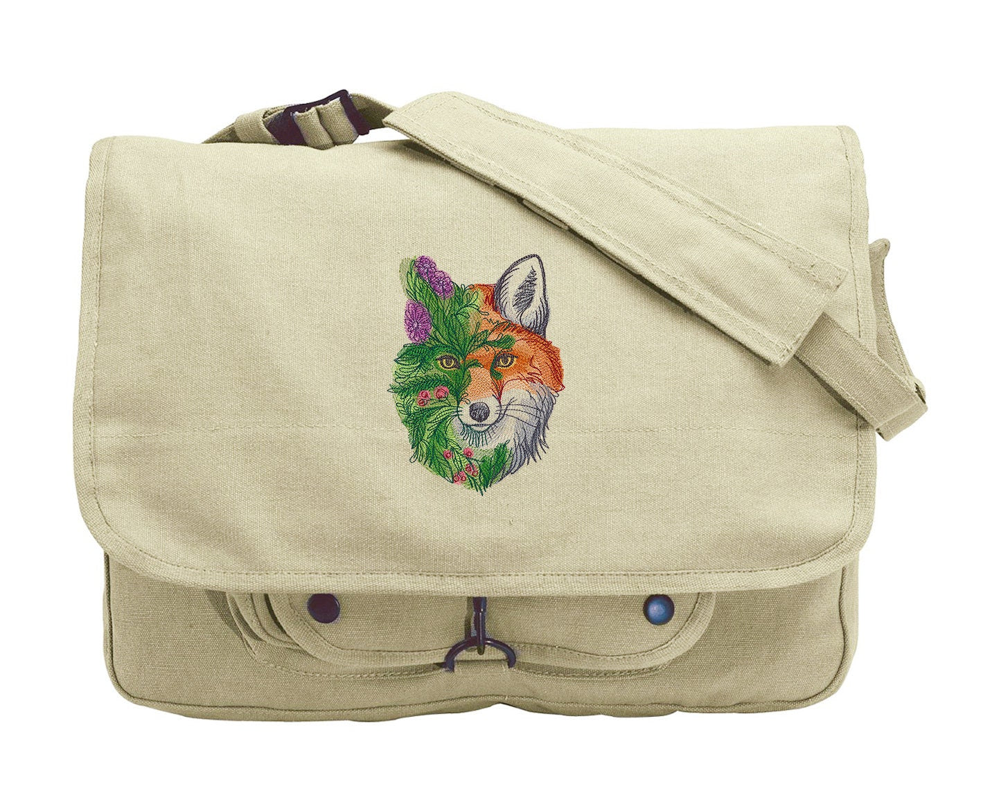 Fox in Flowers Embroidered Canvas Messenger Bag