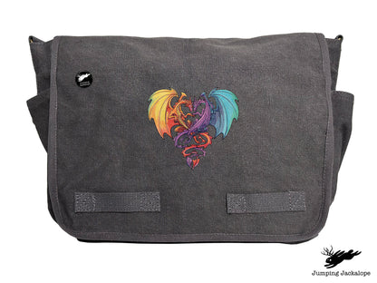 Intertwined Rainbow Heart Dragons Embroidered Classic Canvas Messenger Bag