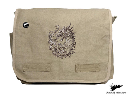 Baroque Scrollwork Dragon Embroidered Classic Canvas Messenger Bag