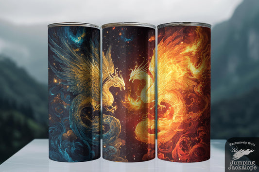 Embers of Legend Tumbler – Phoenix and Dragon Battle in Firelit Sky | 20oz Fantasy Epic Drinkware
