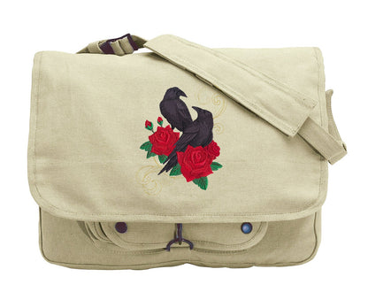 Ravens and Roses Embroidered Canvas Messenger Bag