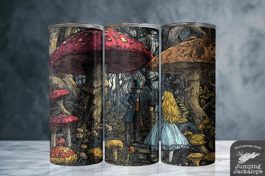 The Forgotten Path Tumbler – Gothic Alice & Mad Hatter Forest Scene | 20oz Fairytale Drinkware