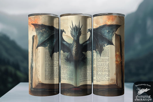 Ancient Guardian Tumbler – 20oz Dragon Emerging from Book | Vintage Fantasy Scene Cup