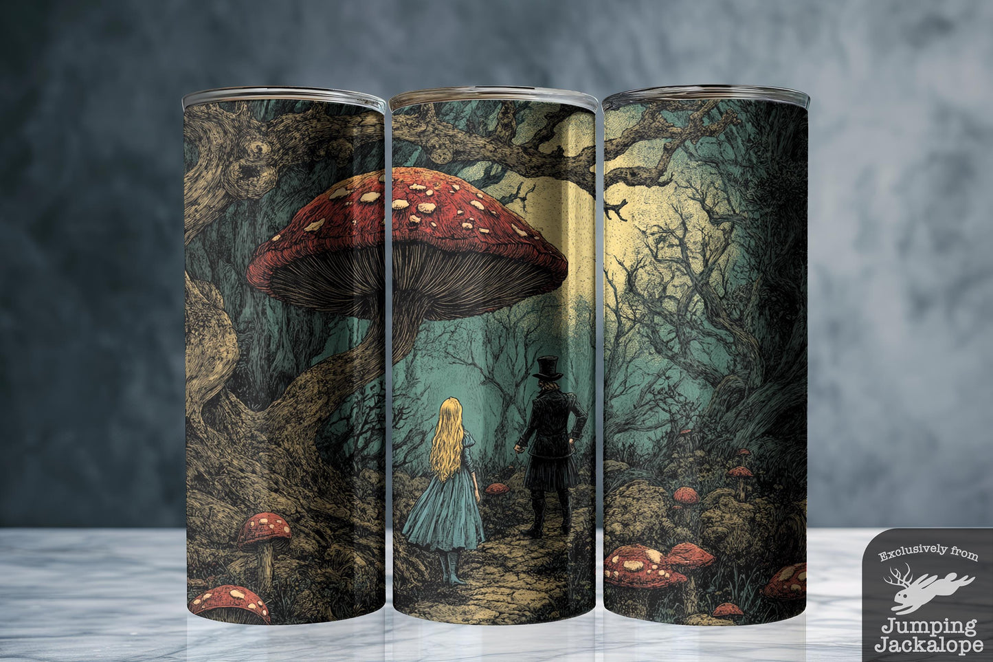 Cursed Tea Companions Tumbler – Alice & Mad Hatter in Dark Forest | 20oz Vintage Fairytale Cup