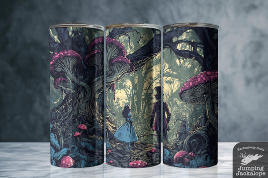 Gothic Forest Duo Tumbler – 20oz Sublimated Alice and Mad Hatter Scene | Creepy Fairytale Gift