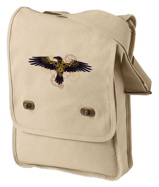 Clockwork Steampunk Raven Geared Embroidered Canvas Field Bag