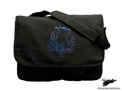Rose Laurel Cat Embroidered Canvas Messenger Bag,  Cat Bag, Flower Cat Bag