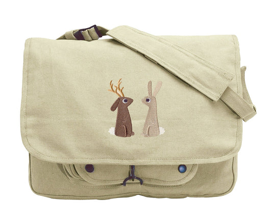 The Jackalope and the Rabbit Embroidered Canvas Messenger Bag