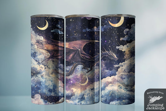 Dreamfire Dragon Tumbler – 20oz Purple Cosmic Fantasy Drinkware | Celestial Night Flight Cup
