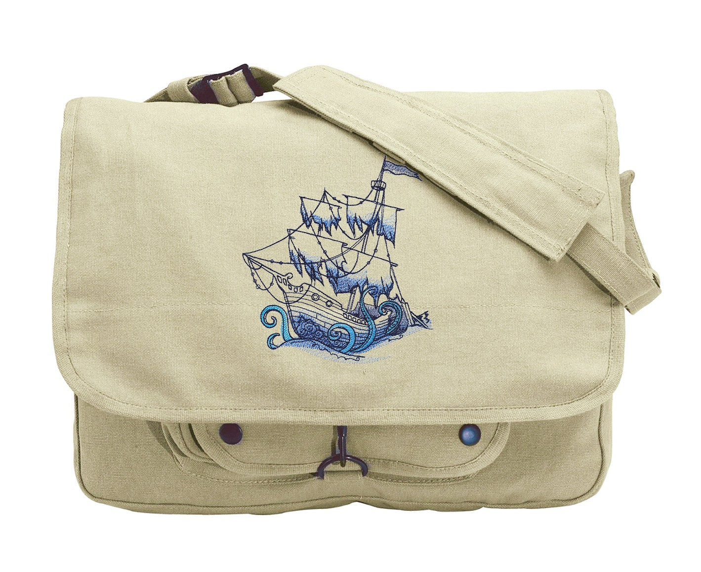 Pirate Ship Messenger Bag, Ship Canvas Bag, Pirate School Bag, Ship Bookbag, Ocean Blue - Sunken Ship Embroidered Canvas Messenger Bag