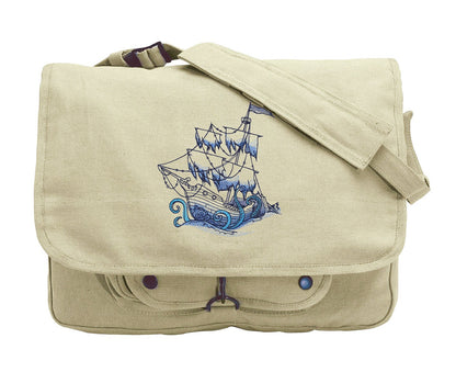 Pirate Ship Messenger Bag, Ship Canvas Bag, Pirate School Bag, Ship Bookbag, Ocean Blue - Sunken Ship Embroidered Canvas Messenger Bag