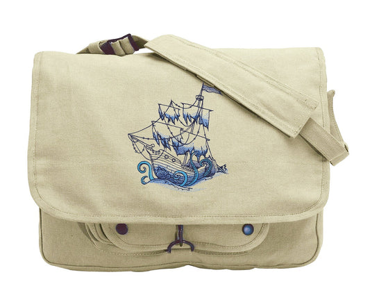 Pirate Ship Messenger Bag, Ship Canvas Bag, Pirate School Bag, Ship Bookbag, Ocean Blue - Sunken Ship Embroidered Canvas Messenger Bag