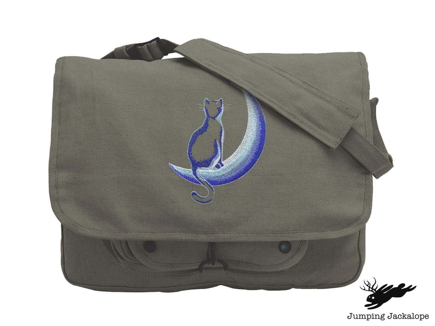 Crescent Moon Glow Cat Embroidered Canvas Messenger Bag,  Cat Bag, Cat Moon Bag