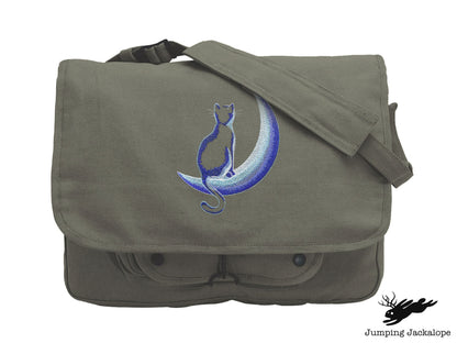 Crescent Moon Glow Cat Embroidered Canvas Messenger Bag,  Cat Bag, Cat Moon Bag