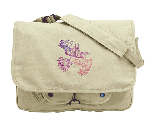 Desert Scene Hawk Embroidered Canvas Messenger Bag