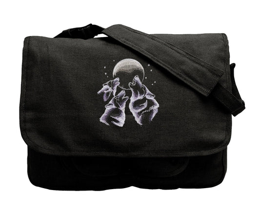 Wolf Trio Embroidered Canvas Messenger Bag