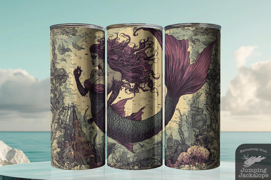 Crimson Abyss Mermaid Tumbler – 20oz Red-Haired Sea Queen Drinkware | Dark Fantasy Ocean Art
