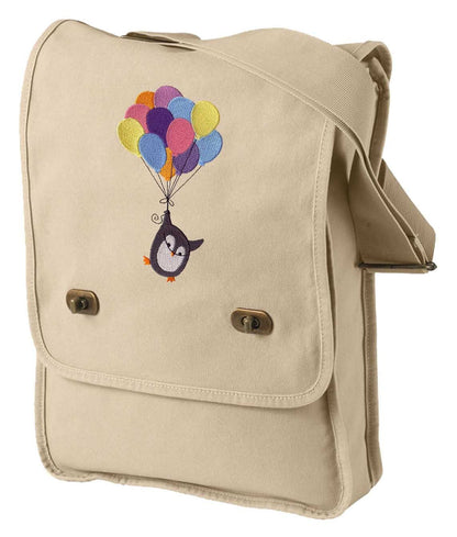 Penguin Bag, Penguin Canvas Bag, I can Fly Penguin Balloons Embroidered Canvas Field Bag