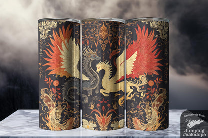 Celestial Phoenix and Dragon Tumbler – 20oz Sublimated Fantasy Drinkware | Fire & Sky Mythical Battle Cup