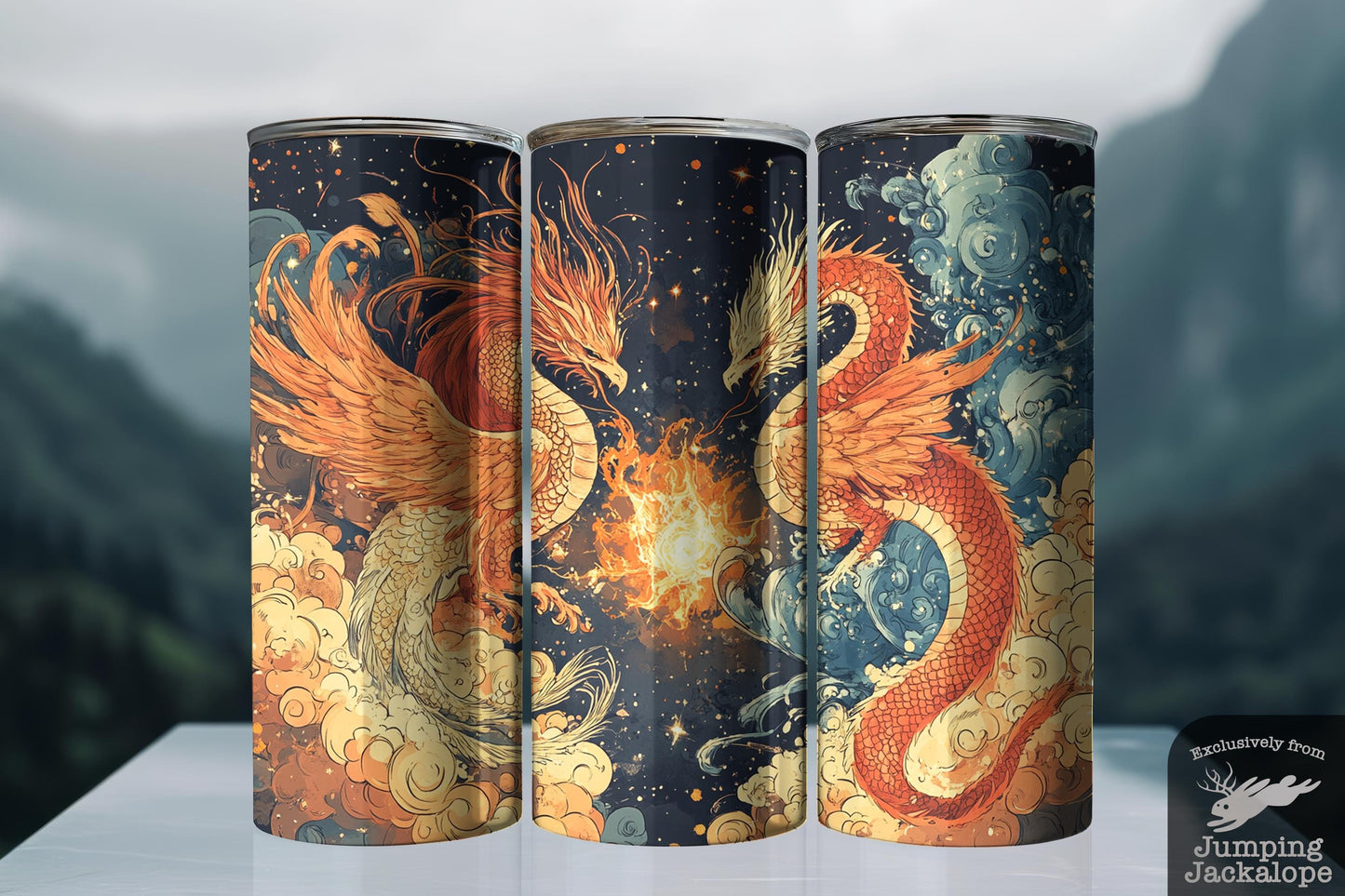 Phoenix & Dragon Cosmic Duel Tumbler – 20oz Fantasy Sky Fire Cup | Mythical Art Gift