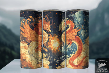 Phoenix & Dragon Cosmic Duel Tumbler – 20oz Fantasy Sky Fire Cup | Mythical Art Gift