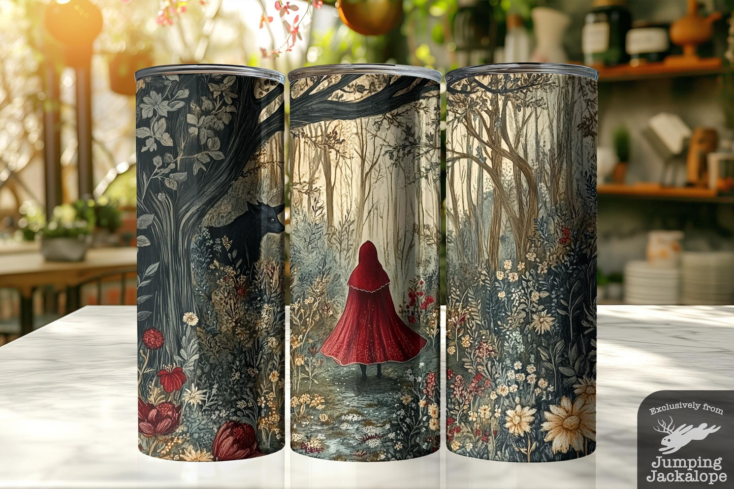 Vintage Red Riding Hood Tumbler – 20oz Fairytale Floral Forest Art | Magical Storybook Drinkware