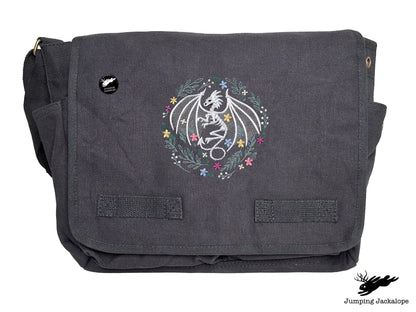 Floral Dragon Skeleton Embroidered Classic Canvas Messenger Bag