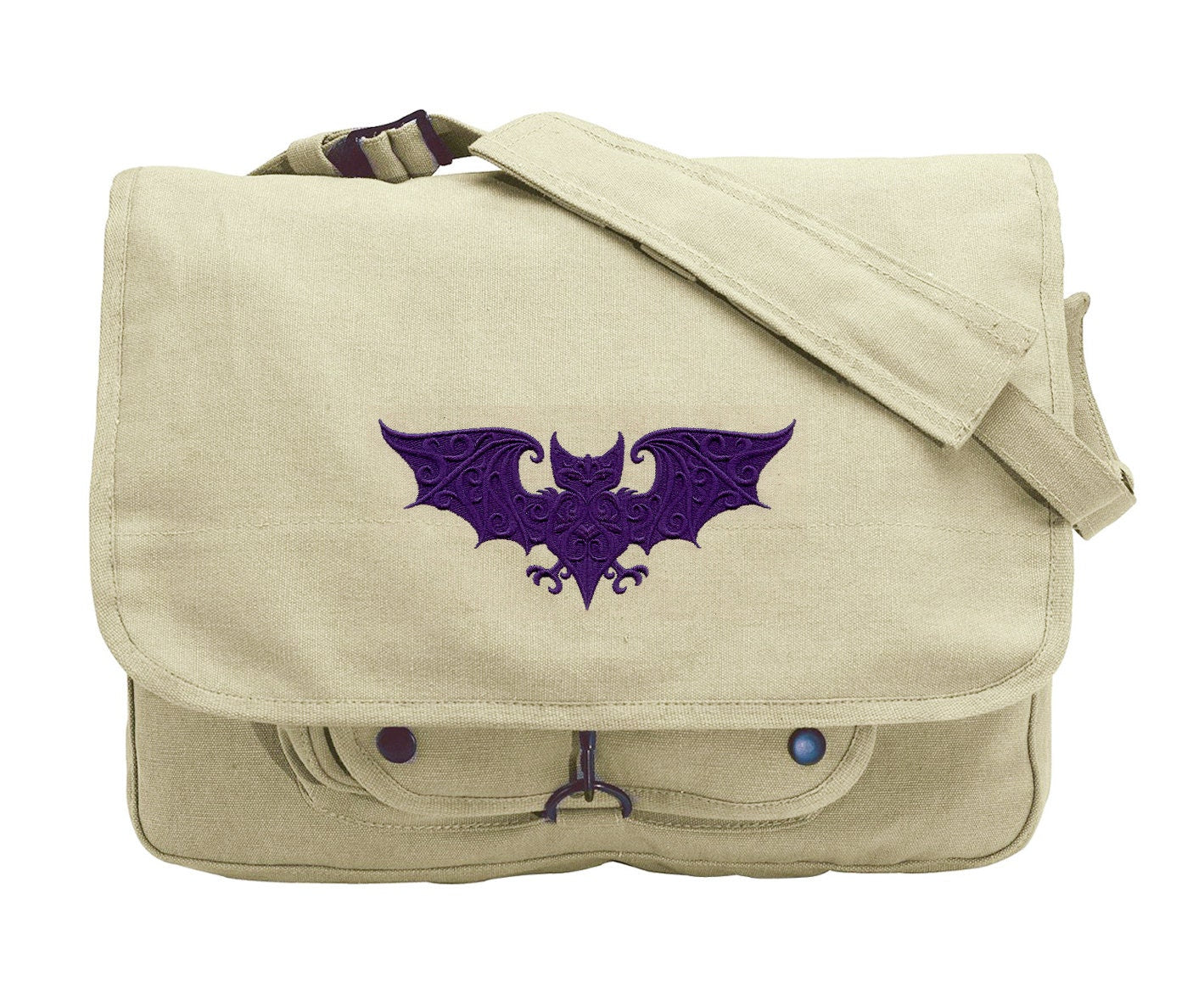 Baroque Bat Embroidered Canvas Messenger Bag