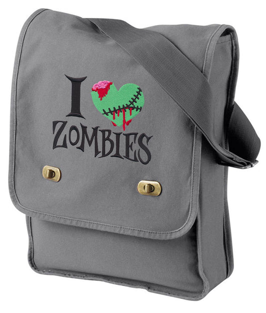 Zombies Bag, Walking Dead Messenger Bag, I Heart Zombies Embroidered Canvas Field Bag