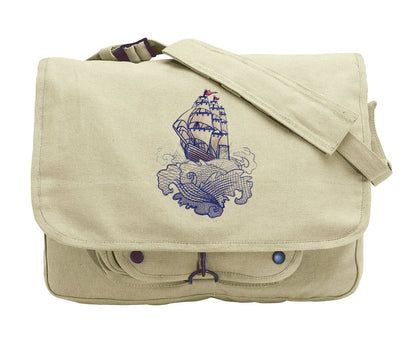 Ship Messenger Bag, Ship Laptop Bag, The Seven Seas - Ship Tattoo Embroidered Canvas Messenger Bag