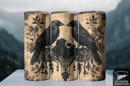 Dark Romance Raven Tumbler – 20oz Skull, Lace & Gothic Bird Art | Sepia Grunge Drinkware