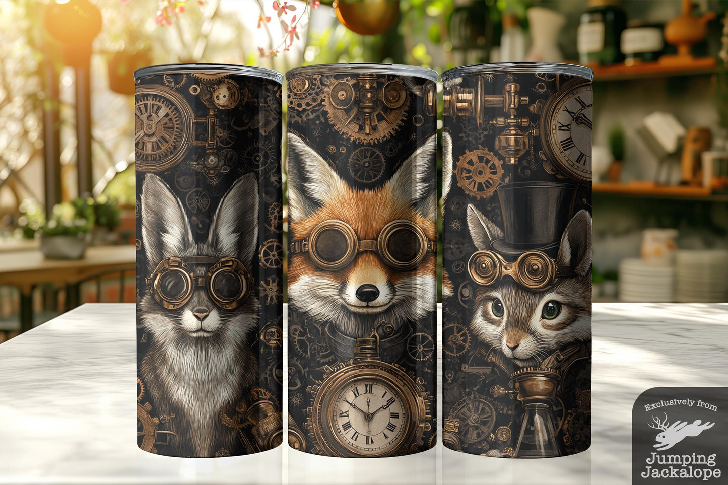 Steampunk Forest Friends Tumbler – 20oz Rabbit, Fox, and Cat in Clockwork Fantasy | Gearhead Animal Drinkware