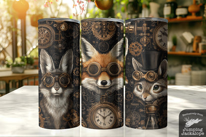 Steampunk Forest Friends Tumbler – 20oz Rabbit, Fox, and Cat in Clockwork Fantasy | Gearhead Animal Drinkware
