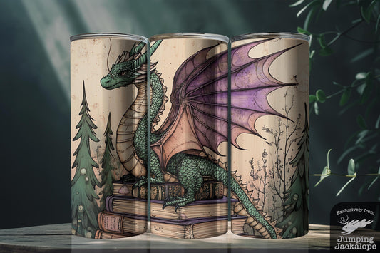 Woodland Scholar Dragon Tumbler – 20oz Green Forest Dragon with Vintage Books | Enchanted Creature Drinkware