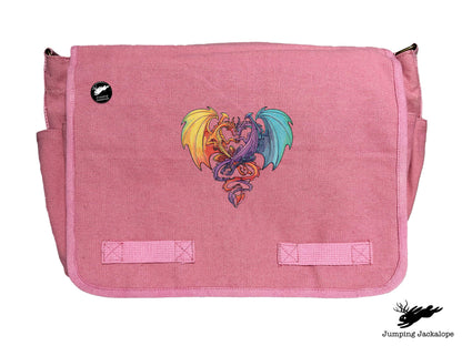Intertwined Rainbow Heart Dragons Embroidered Classic Canvas Messenger Bag
