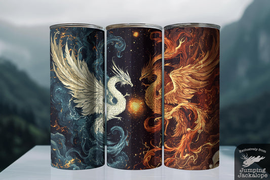 Mythical Fire & Sky Tumbler – 20oz Phoenix vs. Dragon Art | Cosmic Fantasy Battle Cup