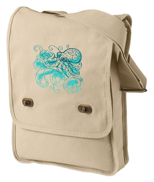 Aqua Marine - Octopus Embroidered Canvas Field Bag