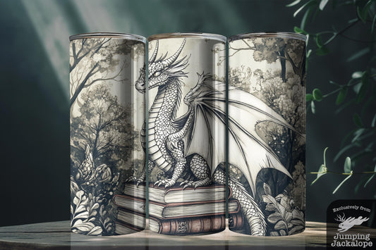 Enchanted Ivory Dragon Tumbler – 20oz Forest Storykeeper on Books | Woodland Fantasy Creature Mug