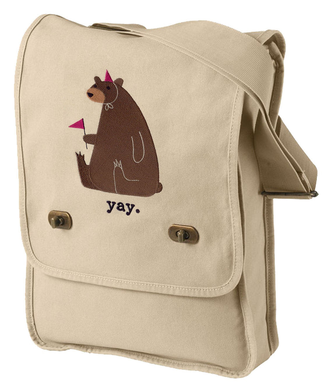 Bear Bag, Bear Canvas Bag, Bear Messenger Bag, Party Bear Embroidered Canvas Field Bag